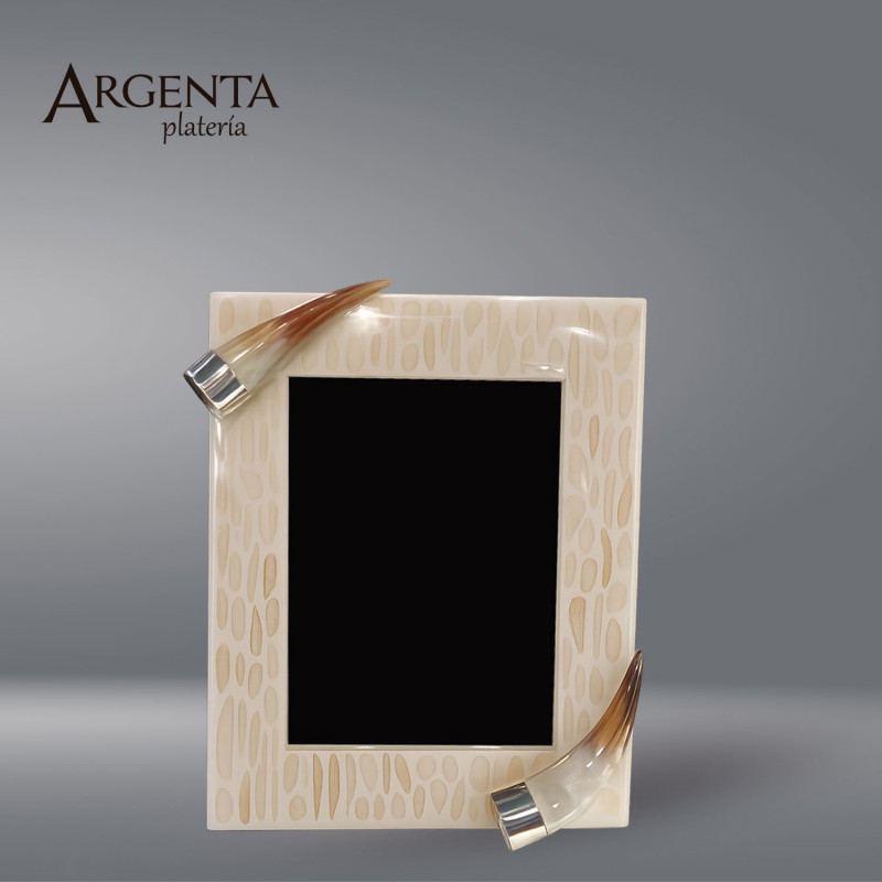 Bone-Veneered Picture Frame with Horn and 925 Sterling Silver Accents